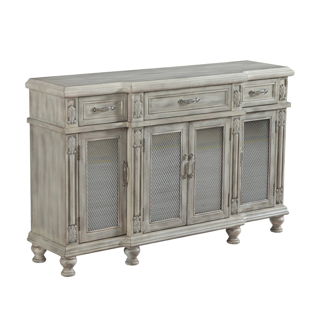 57" Rustic White Credenza Accent With Four Mirrored Doors And