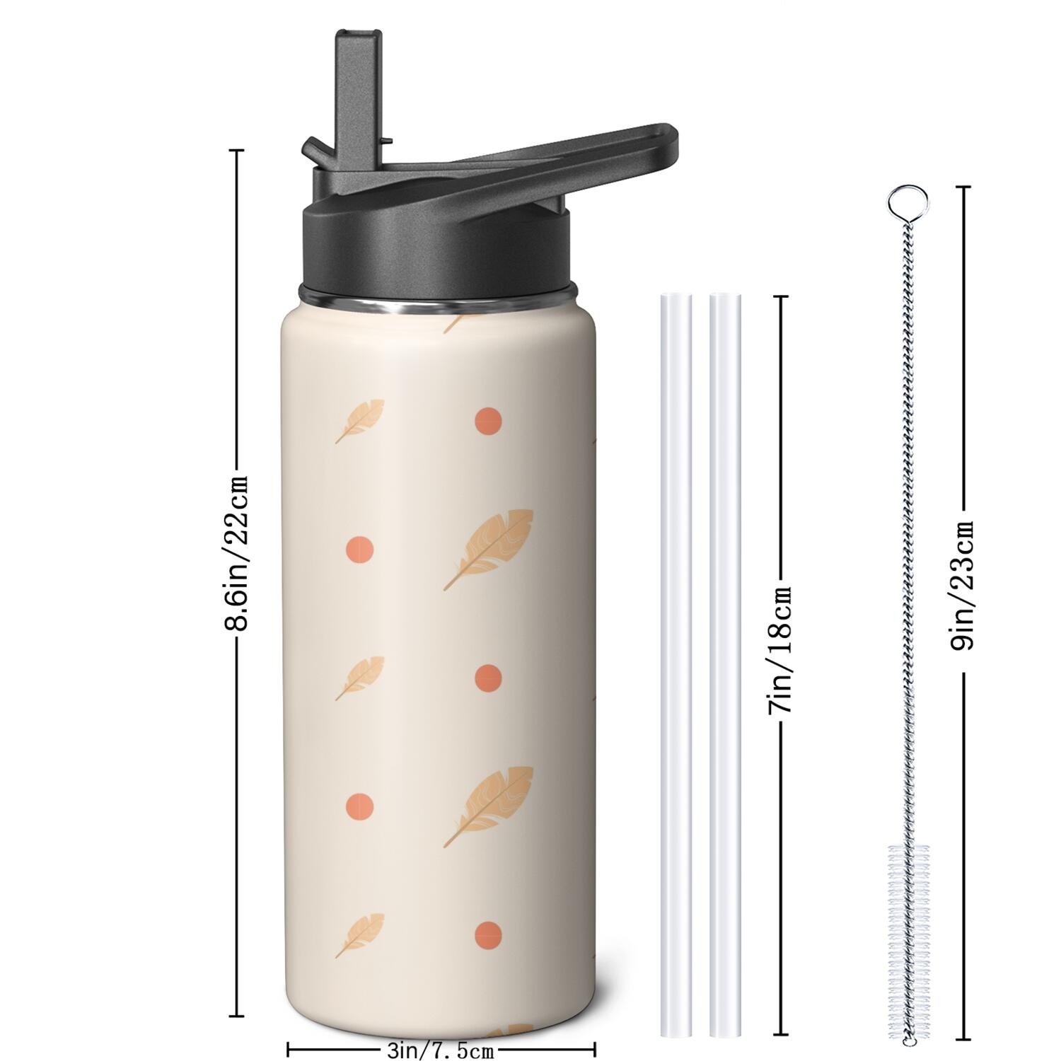 Modern 18 oz Insulated Stainless Steel Water Bottle with Straw & Cleaning Brush , Leakproof, BPA-Free, 304 Stainless Steel, Wide Mouth, Travel Mug for Car, Gym, Office