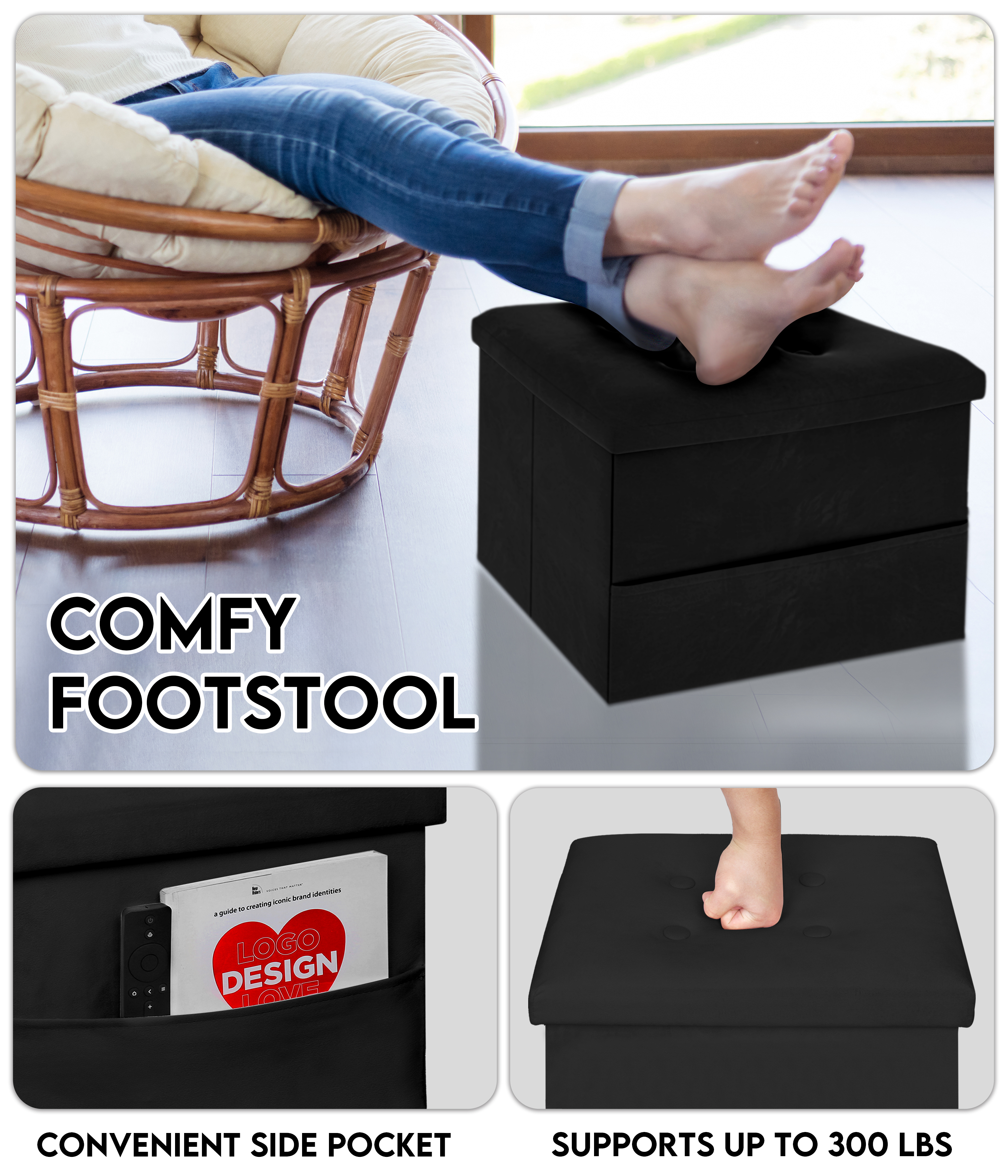 Zoes Homeware Small Storage Ottoman, Black photo 4