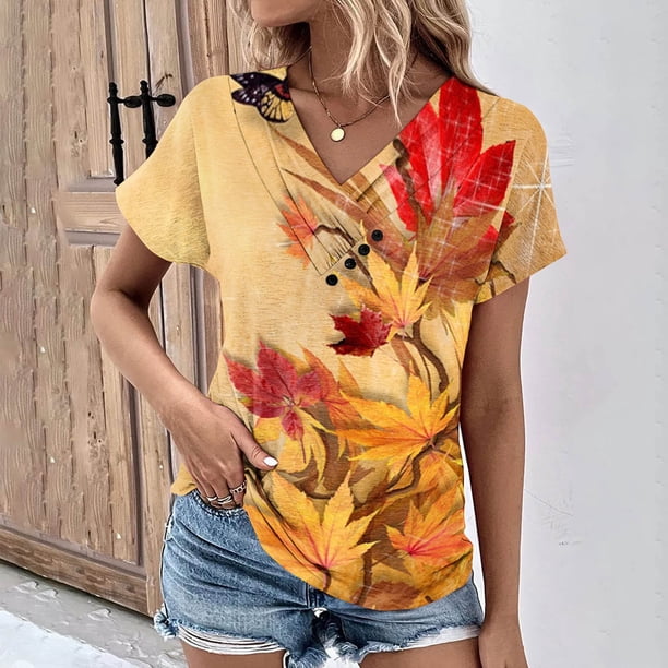 Fiudx Ofertas Flash Del Día Solo En Línea Top Informal de Primavera y Verano de Manga Corta con Cuello En V para Mujer