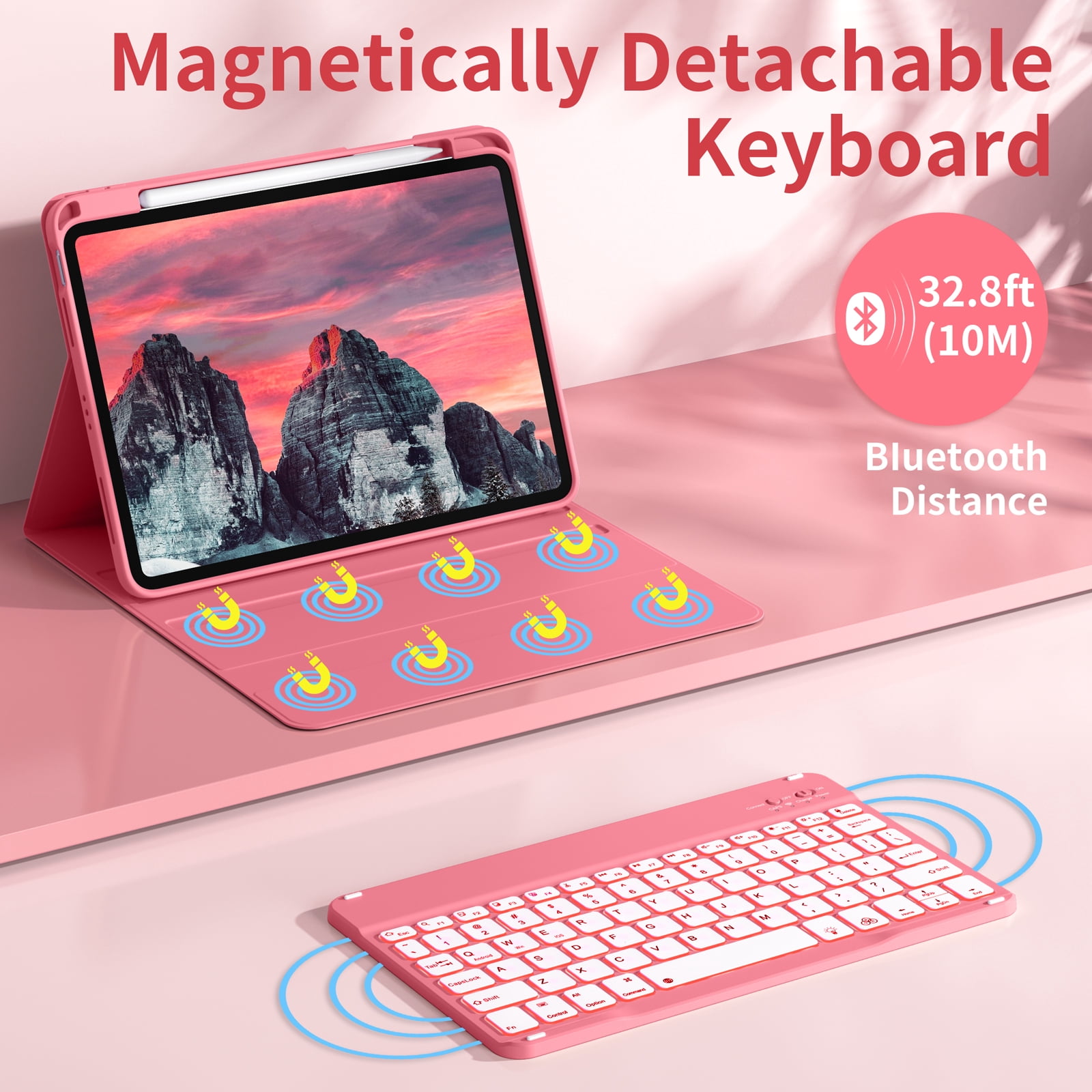 Kenke Case iPad (A16) 11th Generation 11 inch 2025,for iPad 10th Generation 10.9 Inch 2022 with Keyboard - 7 Colors Backlit Wireless Detachable, with Pencil Holder Keyboard Case, (Pink Red)