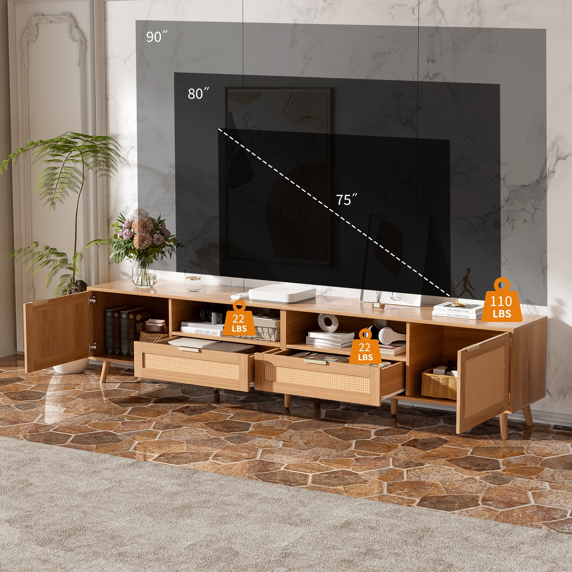 Euroco Rattan TV Stand for TVs up to 90'', Modern Farmhouse Media Console, Entertainment Center with Solid Wood Legs, TV Cabinet for Living Room, Bedroom