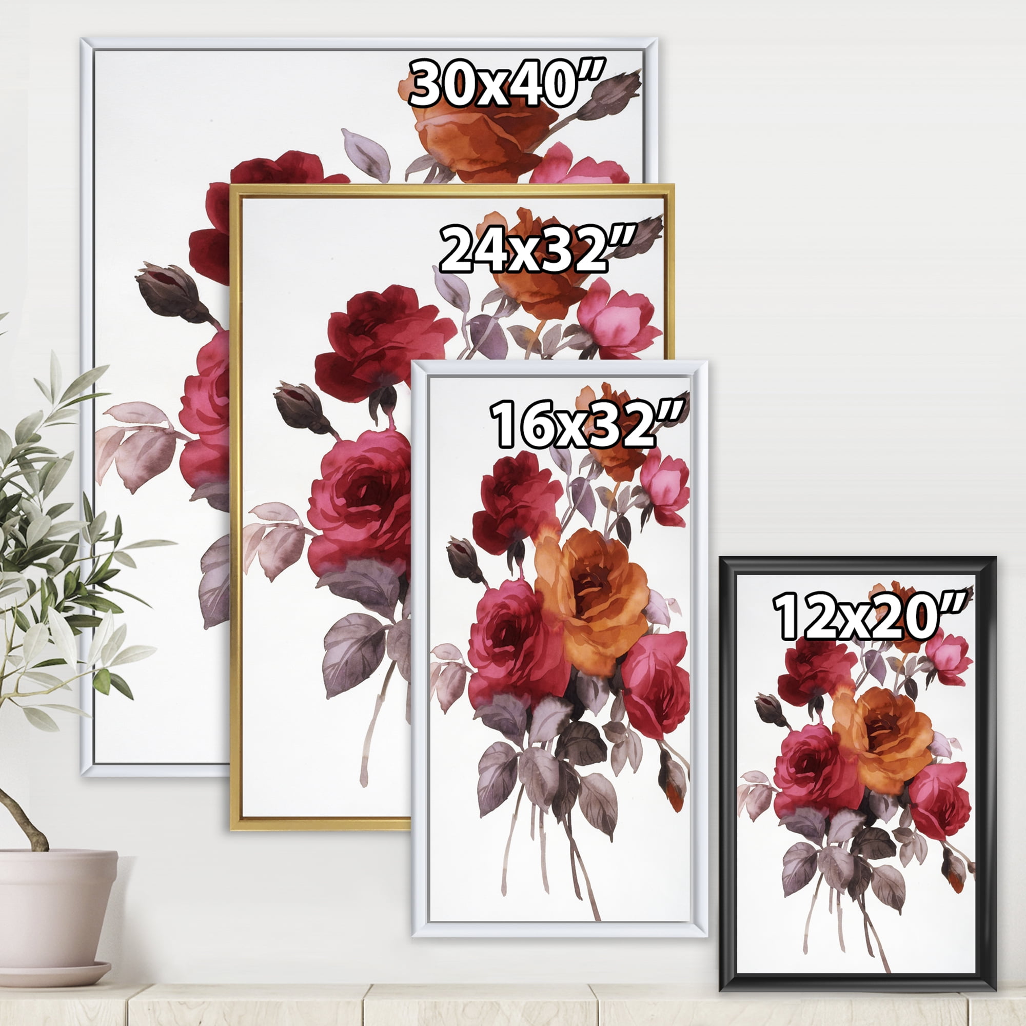 Designart 'Vintage Red and Orange Roses' Traditional Framed Canvas Wall Art Print