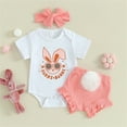 thumbnail image 6 of WIBACKER 0-18M 3Pcs Newborn Baby Girl Easter Outfit Short Sleeve Romper Bunny Pompom Shorts Set, 6 of 12