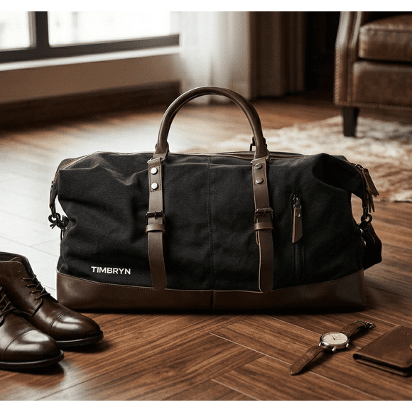 Large Canvas & PU Leather Weekend Duffle Bag – Men's Vintage Travel Carry-On (BLACK)