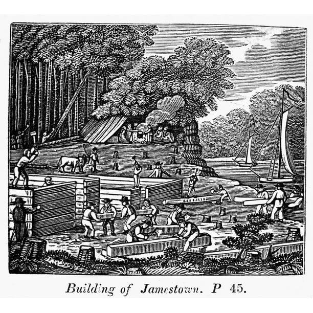 Jamestown Settlement Nthe Building Of Jamestown Virginia Wood Engraving