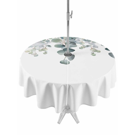Outdoor Table Cloth with Umbrella Hole and Zipper, Botanical Teal Waterproof Round Tablecloth 54 Inch, Watercolor Eucalyptus Leaves Spring Washable Table Cover for Outside Party Patio Picnic
