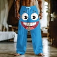 thumbnail image 3 of UVEASISHA Casual Beach Pants for Men 3D Cartoon Smile Face Print Linen Pants Big and Tall Elastic Waist Drawstring Pajama Pants Loose Fit Trousers with Pockets Blue 4XL, 3 of 4
