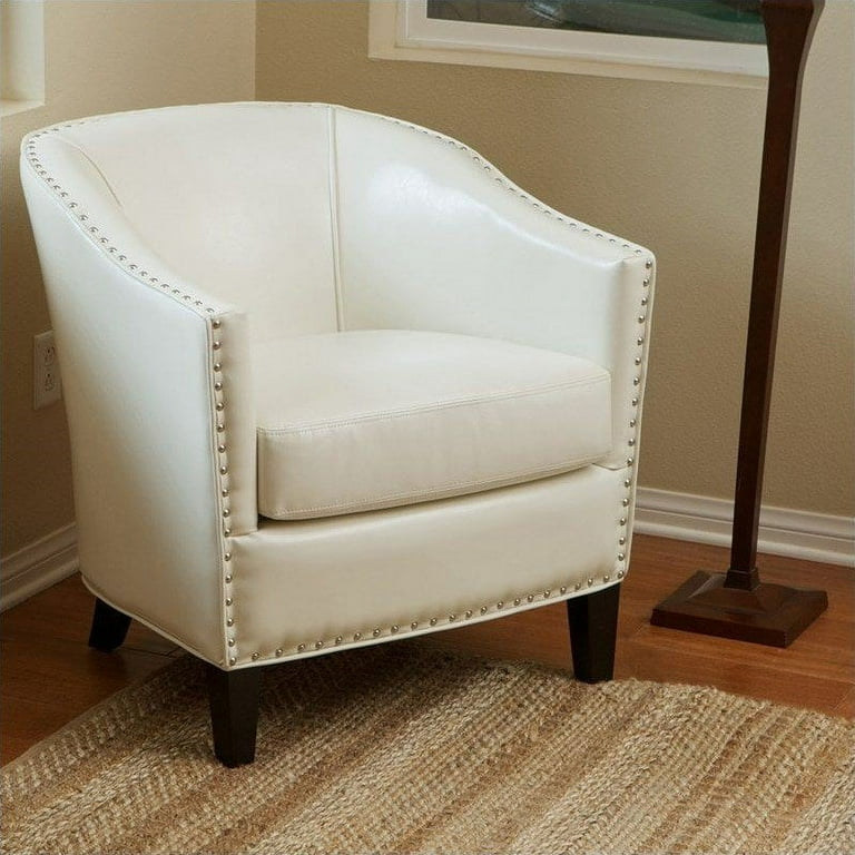 Noble House Jeremy Leather Club Barrel Chair in Ivory