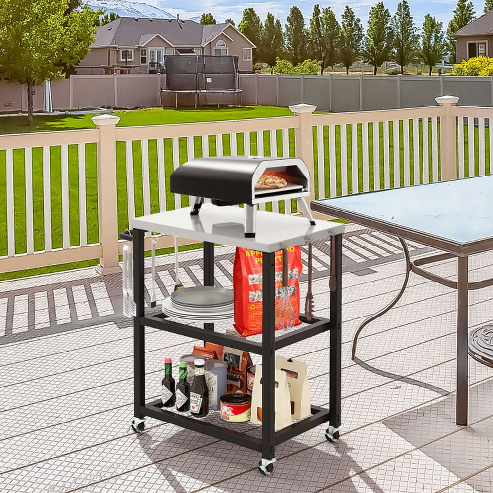 Aimee Lii 3-Tier Foldable Outdoor Stainless Steel Food Prepare Dining Cart Table on Wheels, Perfect for Outdoor Patio, Garden and Backyard Grilling-Black