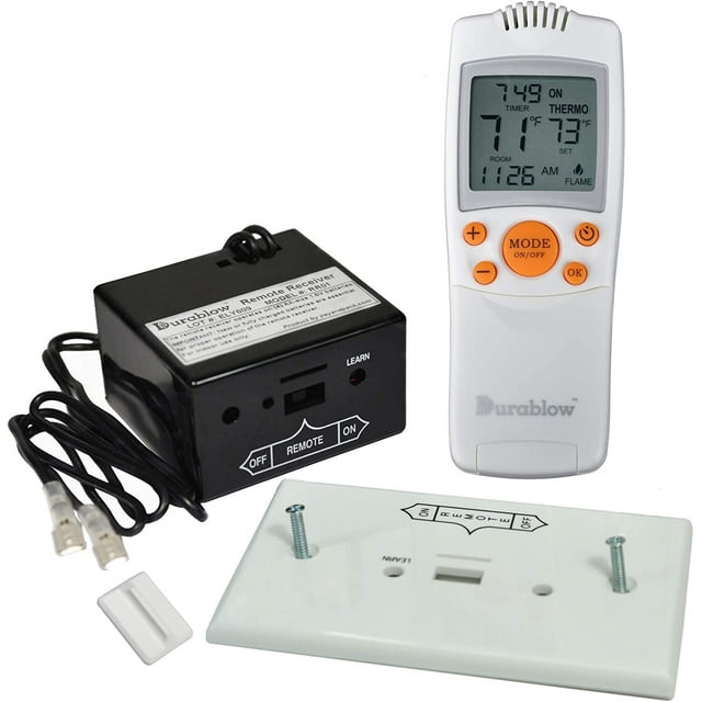 Durablow TR1003 Gas Fire Fireplace On/Off Remote Control Kit with thermostat and timer functions, including a white LCD screen transmitter with orange buttons, a black receiver box with labeled controls, and a white wall mount cover plate with screws and connectors. This programmable thermostat operates wirelessly with RF signal up to 20 feet, supports temperature settings from 45°F to 99°F, and is compatible with millivolt valves and IPI modules. Requires AAA and AA batteries.