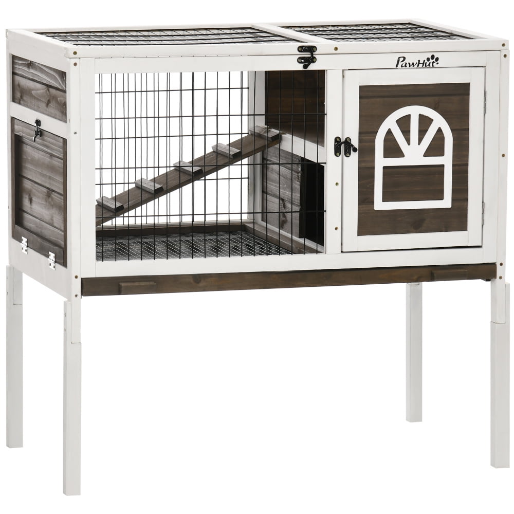 Coffee Wooden Rabbit Hutch with Elevated Guinea Pig Cage & Tray