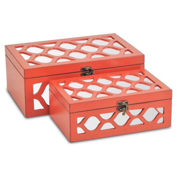 Set of Coral Quatrefoil Mirror Jewelry Storage Boxes