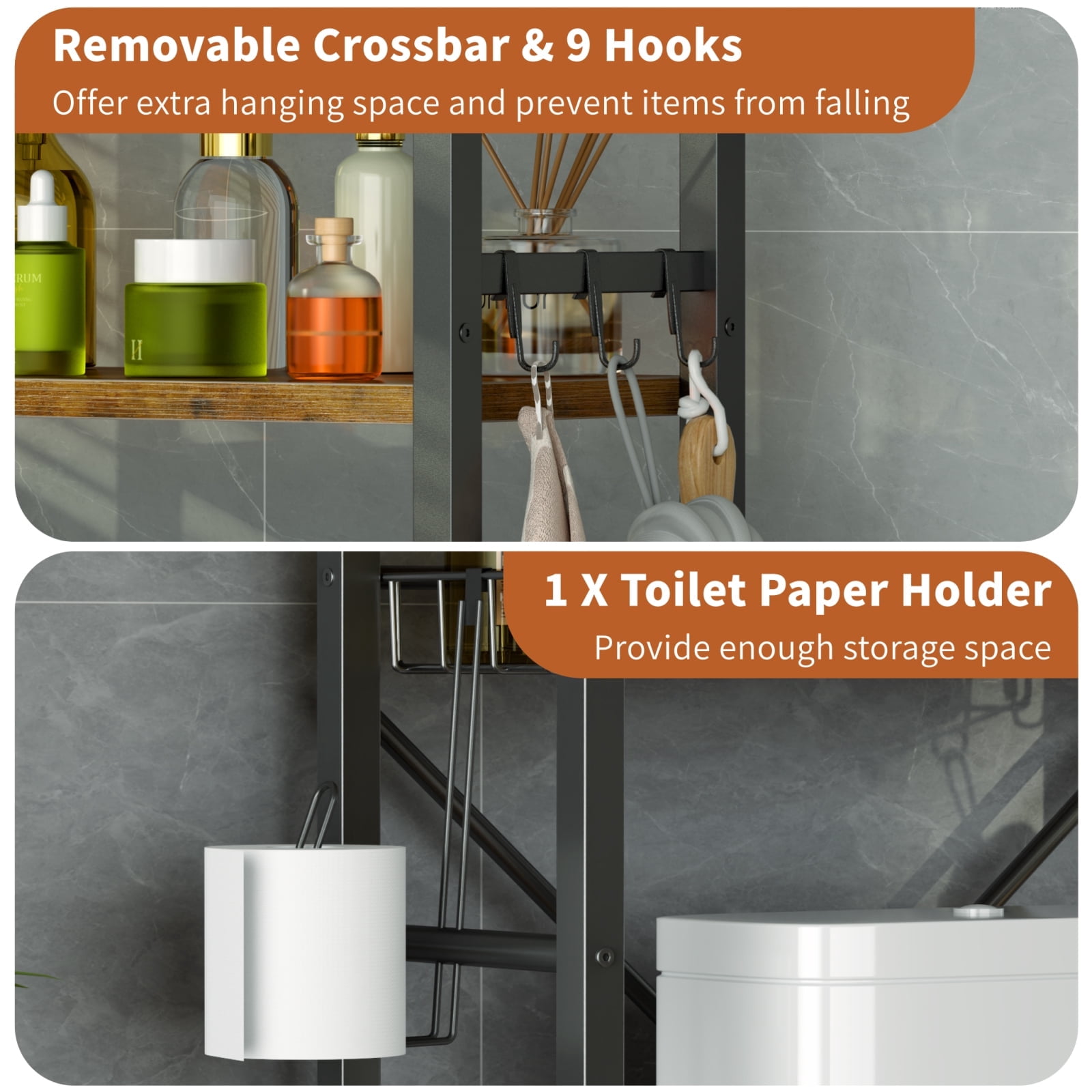 Capri Over The Toilet Storage Shelf, 4-Tier Freestanding Bathroom Organizers and Storage, above Toilet Space Saver Rack with Adjustable Shelves, Toilet Paper Holder and 9-Hooks, Rustic Brown