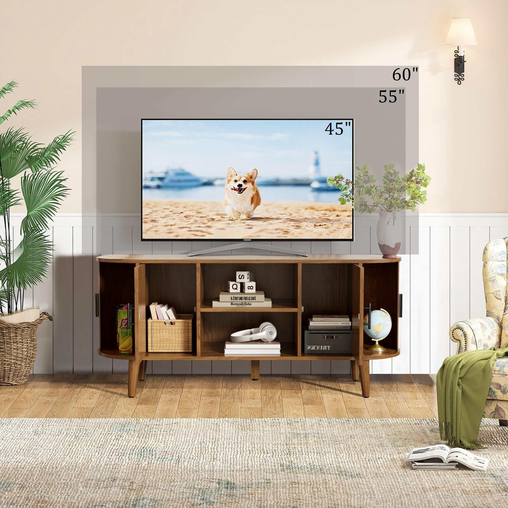 51" Fluted TV Stand, Mid-Century Entertainment Center for 60" TVs with Drawers & Sliding Doors, Curved Media Console