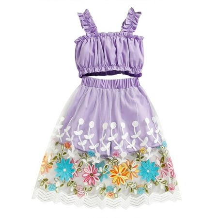 

YWDJ 2-7Years Girls Dresses Kids Fashion Cute Solid Sleeveless Ruffles Top Mesh Flowers Skirt Suit Purple 4-5 Years