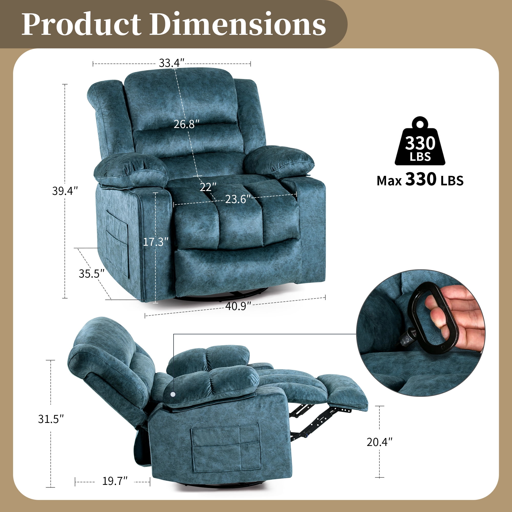 HOMYEDAMIC 23.6" Wide Recliner Chair, Rocker Swivel Recliner, Modern Ergonomic Single Sofa Chair with Foam Filling for Living Room Lounge, With Side Pocket