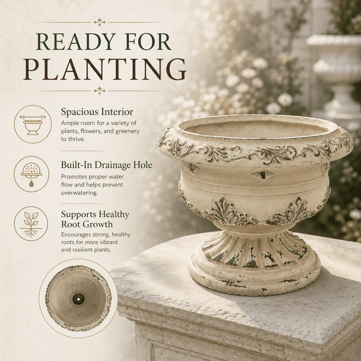 Aukfa Large MGO Garden Urn Planter, Outdoor Tall Decorative Stone-Look Flower Pot with Drainage Hole & Weather-Resistant, White
