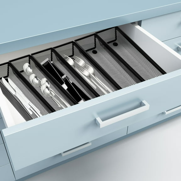 6 Pcs Drawer Organizer with Interlocking Arm Metal Utensil Mesh Drawer Organizer Nonslip Utensil Organizer Breathable Silverware Drawer Organizer for Kitchen 9.6x3x2inch Black