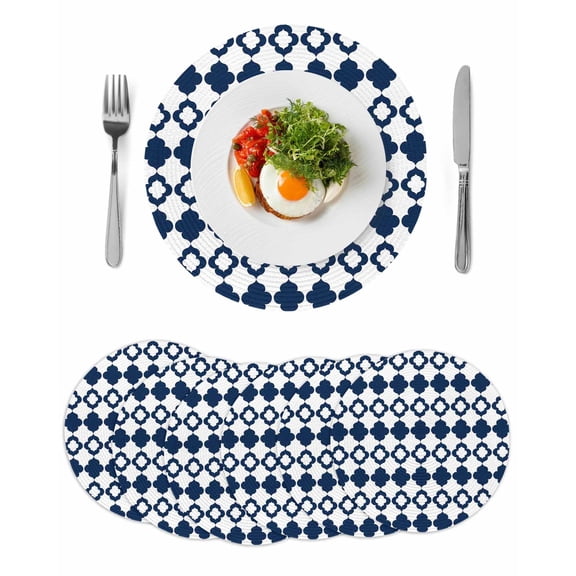 Bohemia Round 15 Inch Placemats Set of 6, Minimalist Geometric Pattern Abstract Dark Blue HeatResistant Non Slip Place Mats for Dining Table, Wipeable Braided Kitchen Table Mats for Housewarming