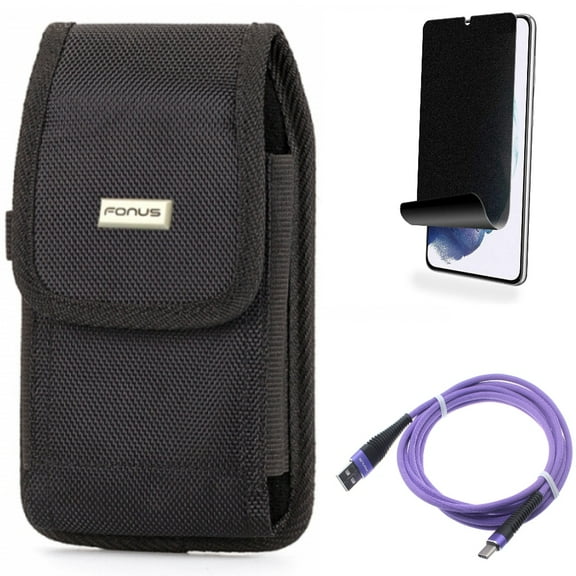 For Samsung Galaxy S21 (6.2") - Holster Swivel Case Belt Clip   [Fingerprint Works] TPU Film Privacy Screen Protector   Type-C Purple 10ft USB Cable