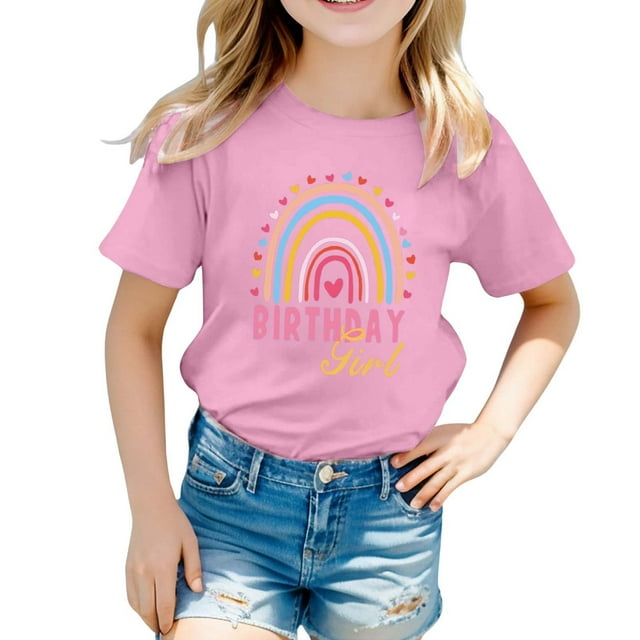 NINGMENG Hauts et T-Shirts pour Filles Préadolescentes, Imprimé Arc-en-Ciel, Col Rond, Manches Courtes, Hauts de Fête, T-Shirts à Enfiler, Rose, 10-11 Ans