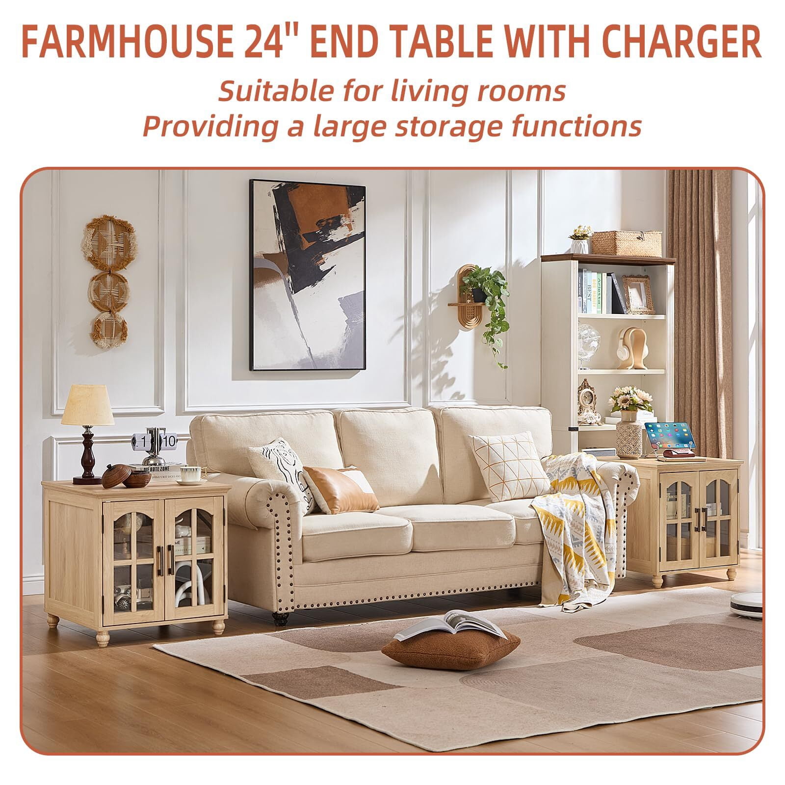 Buildhom Farmhouse End Table with Charging Station, 2pc 24" Wide Nightstand with Glass Barn Door & Adjustable Shelf for Living Room, Natural