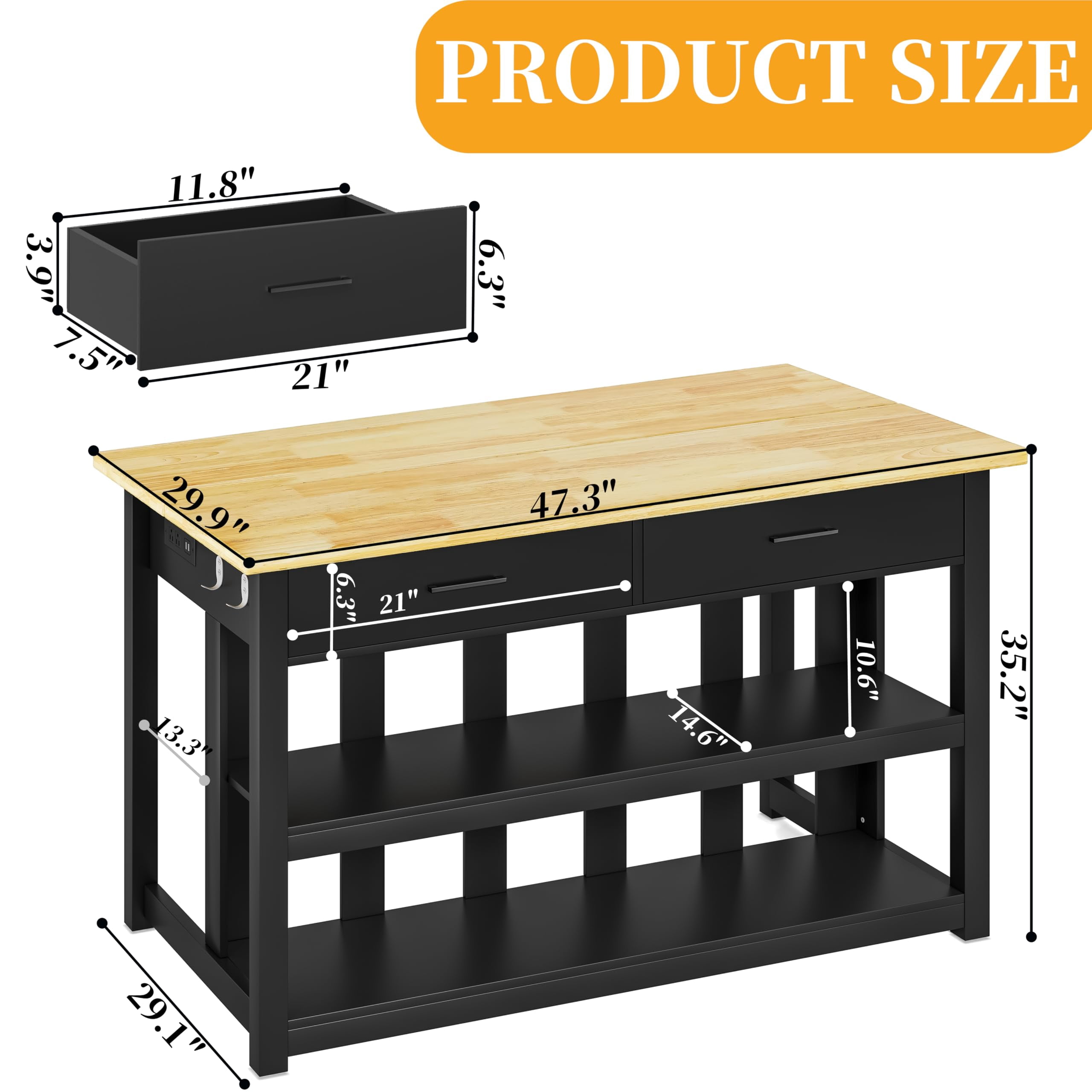 ChicZhiNest Kitchen Island with Power Outlet, 47.3" Rubber Solid Wood Countertop Kitchen Island with 2 Storage Drawers and 6 Hooks, Black