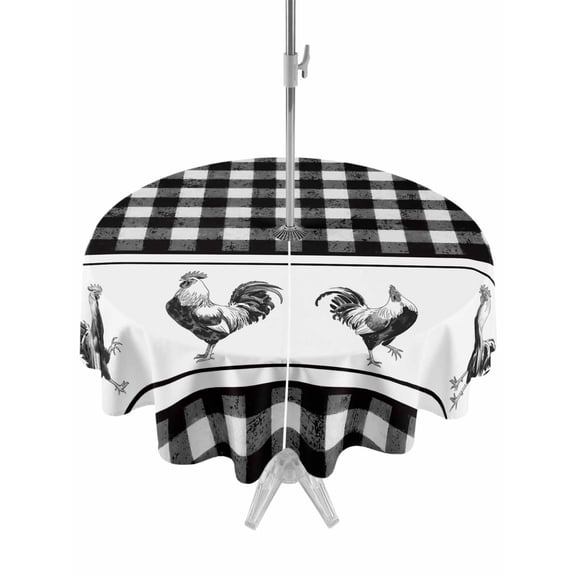 Outdoor Tablecloth with Umbrella Hole for Patio/Picnic/Party/Camping, Farmhouse Black Plaid Waterproof Table Cloth Round Cover Washable, Vintage Country Cock Checkered (Dia 54")