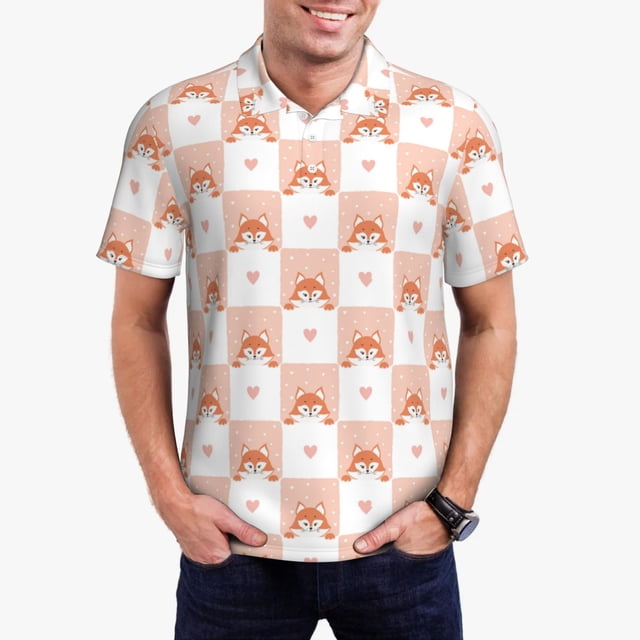 Fotbe love plaid fox Camiseta Polo de Golf para Hombre con Estampado – Camisa Deportiva Transpirable con Cuello Abotonado-XX-Large