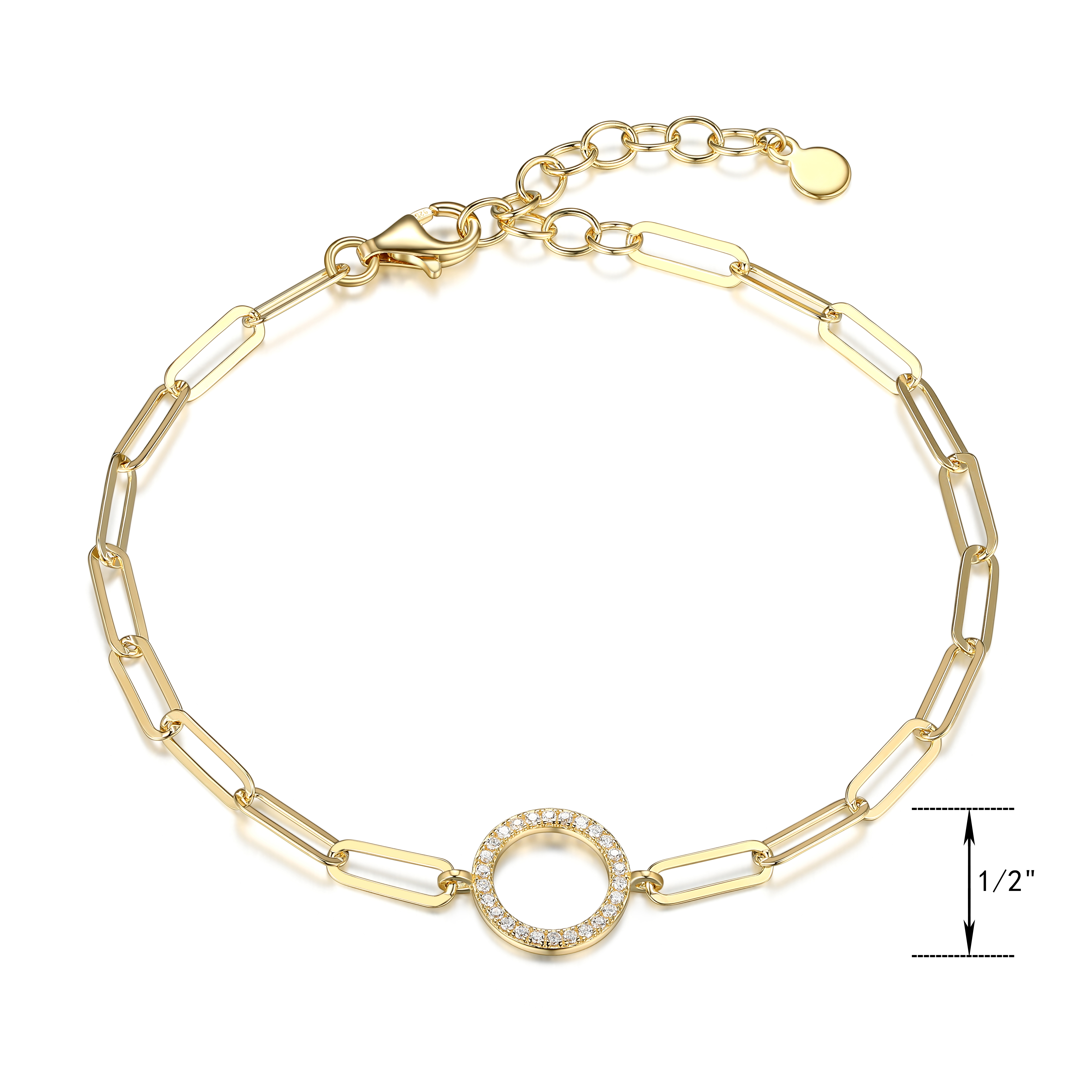 Cubic Zirconia Lined Circle Paper Clip Bracelet Gift for Her, 6.75" + 1.25" Extension