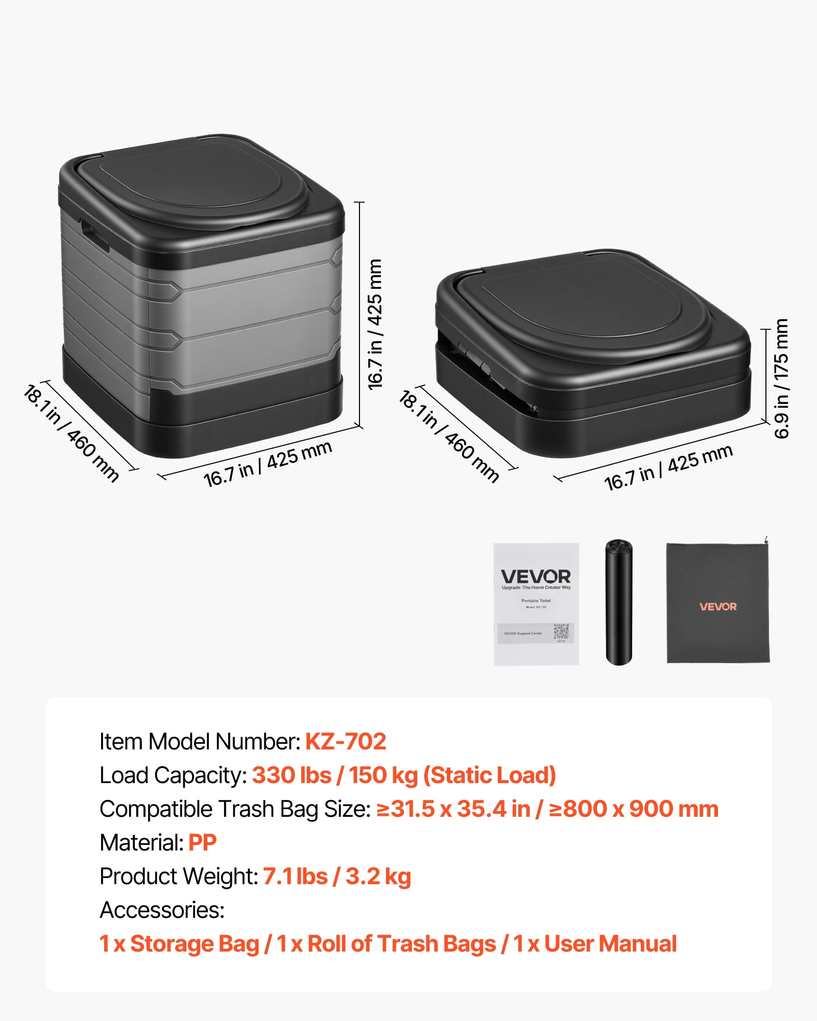 VEVOR Portable Camping Toilet, 330 lbs Load Capacity, Folding Camping Toilet for Adults,Trash Bags, Suitable for Home Use, RV Travel, Camping, Hiking, Boating, Car,Trips