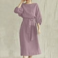 thumbnail image 2 of APEXFWDT Women's 3/4 Sleeve Linen Dress with Belt Summer Casual Crewneck Long Dresses for Women Plus Size Elegant Crewneck A-line Dress for Work Office, 2 of 8