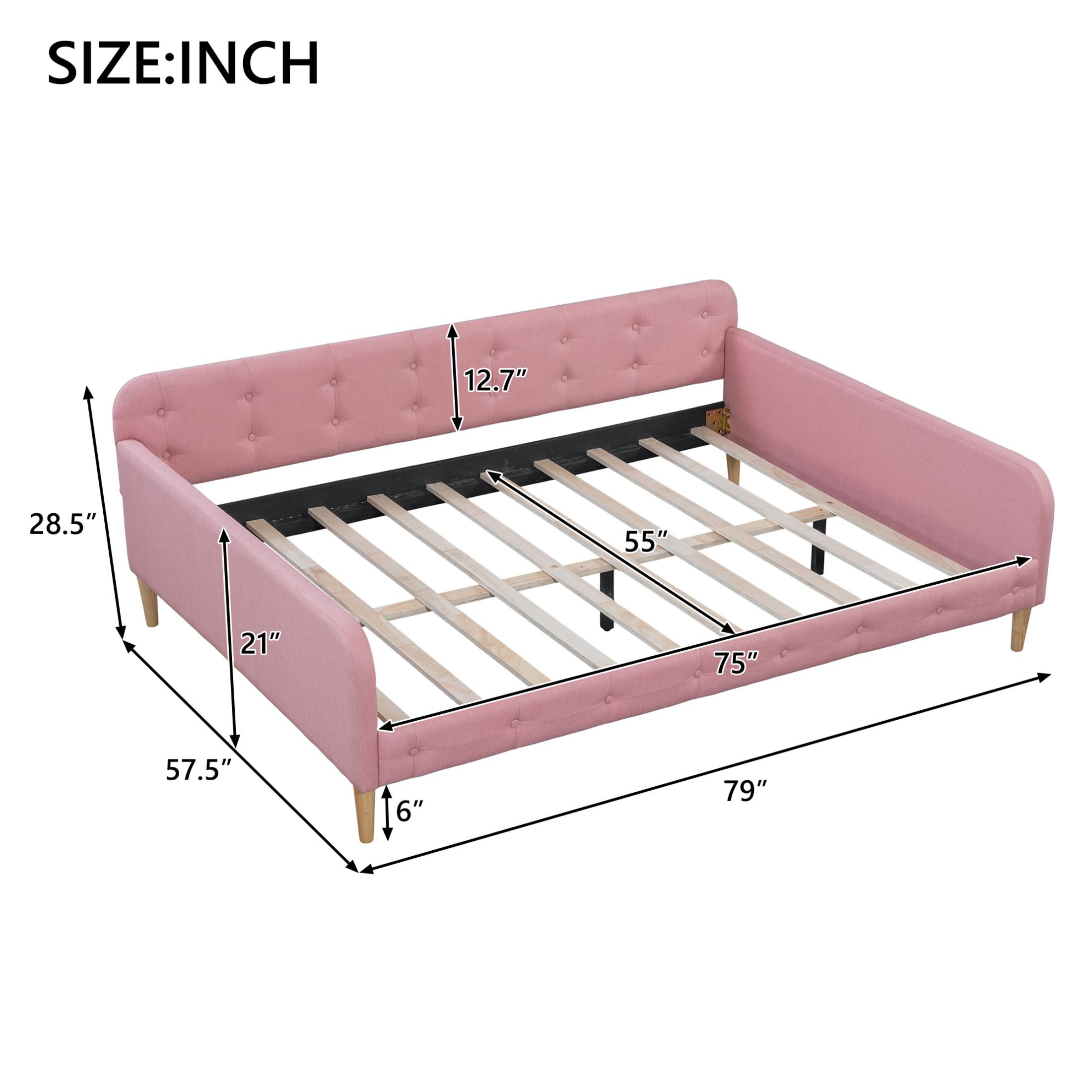 Noble House Havina Full Upholstered Daybed, Button Tufted Linen Sofa Guest Bed with Slat Support Frame, Pink