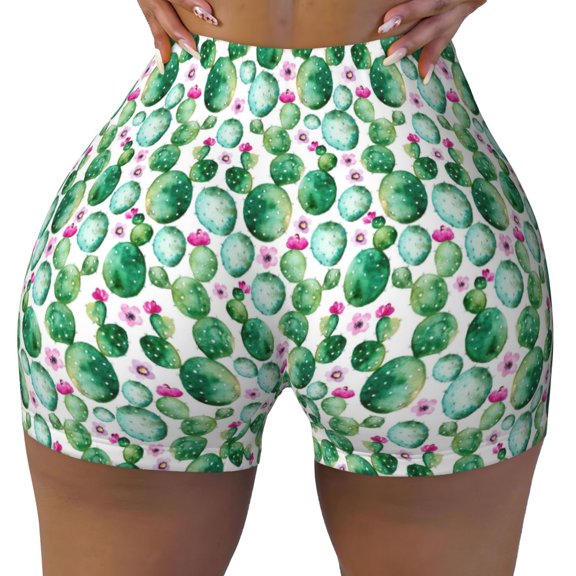 Xecao Cactus Plants Print Workout Shorts for Women Soft Smooth Gym Yoga Scrunch Active Tennis Workout Running Shorts