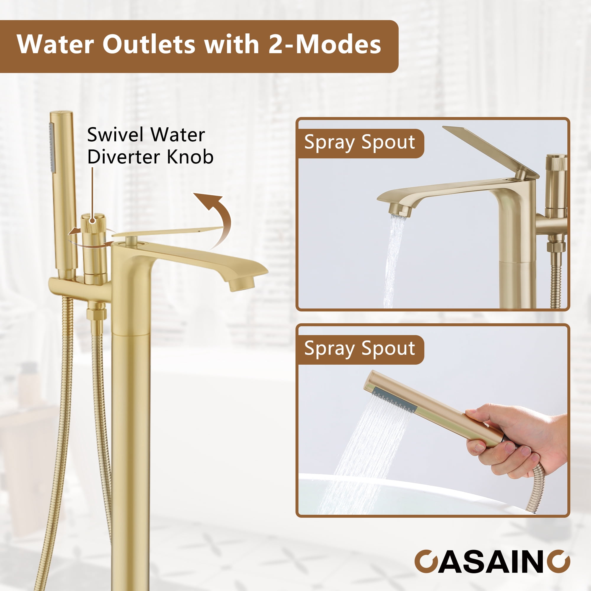CASAINC Single-Handle Freestanding Floor Mount Tub Filler Faucet with Handheld Shower in Brushed Gold