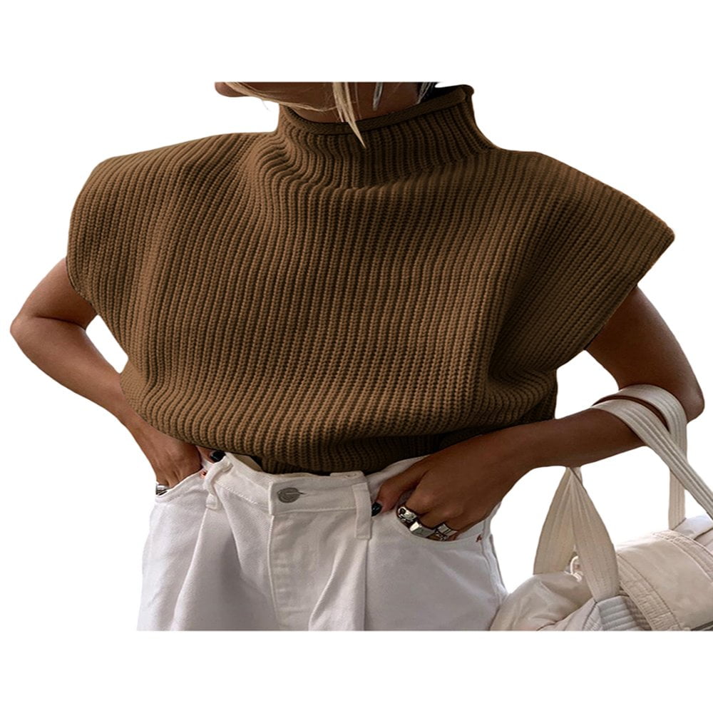 Women Shoulder Pad Sweater Top Sleeveless Turtleneck Pullover Vest