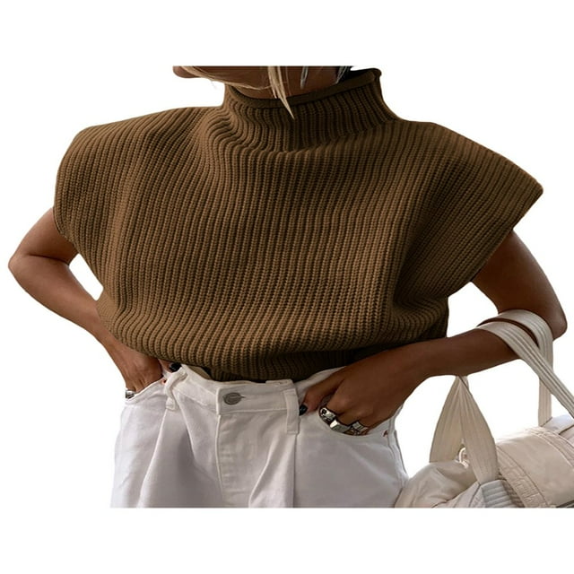 Femmes Épaulette Pull Haut Col Roulé Sans Manches Pull Large Épaule Tricotée Pull Haut
