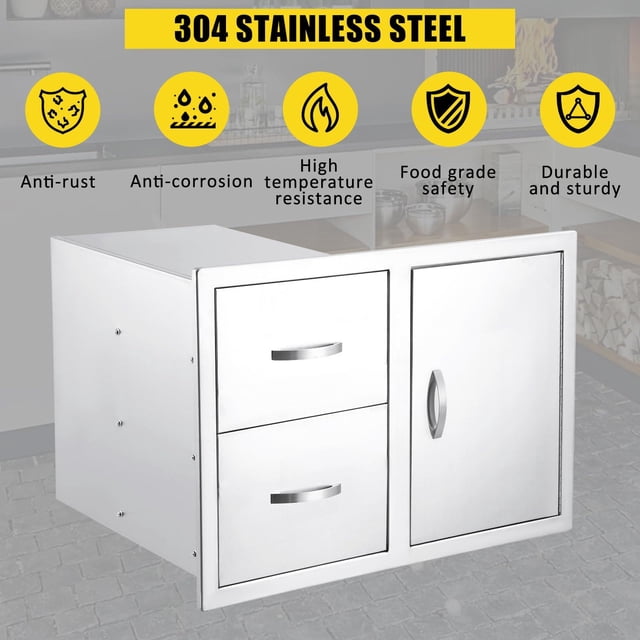 AKDSteel 2-Drawer Stainless Steel Outdoor Kitchen Cabinet, Waterproof Flush-Mount Storage For Bbq Grill Islands And Patios