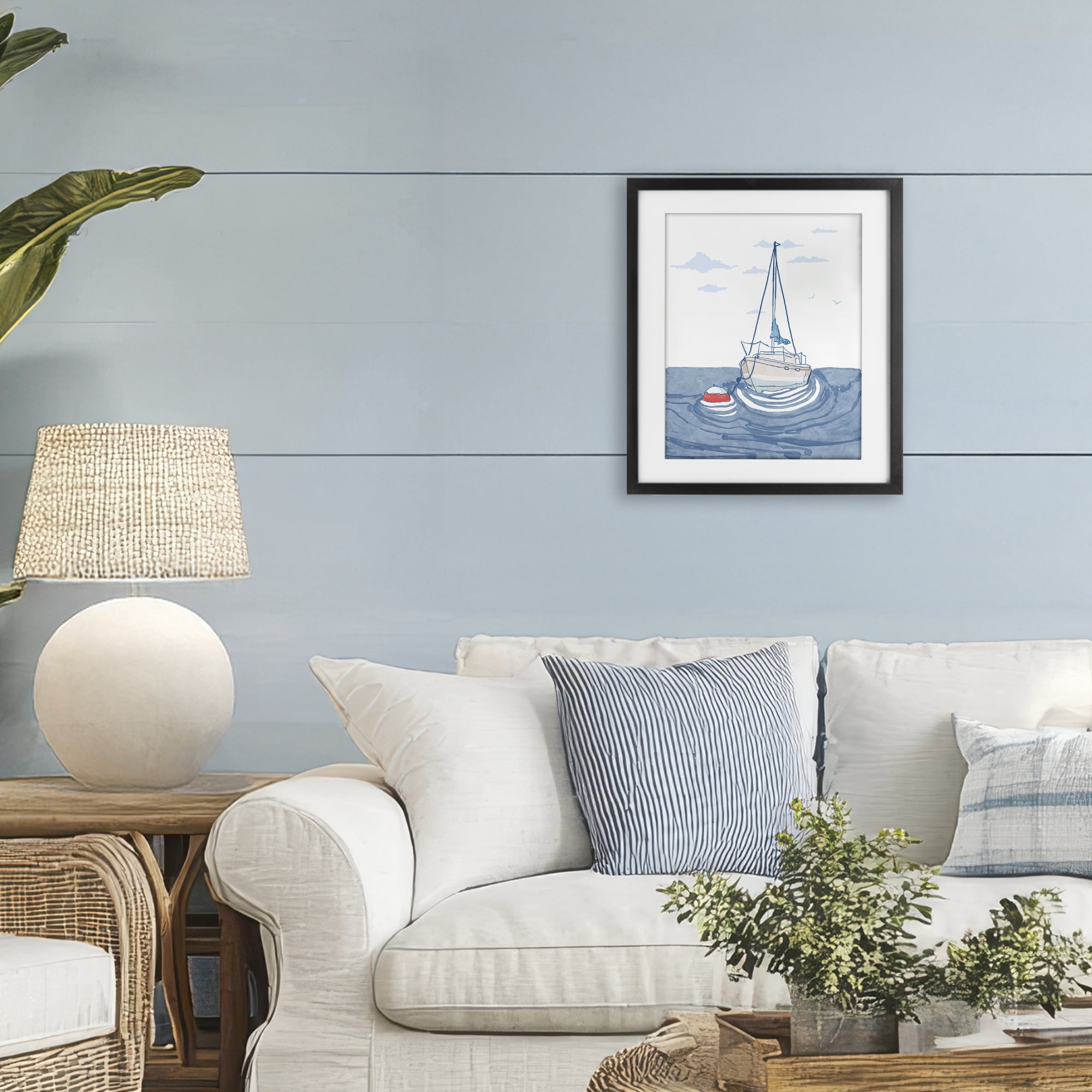 Stupell Industries Cool Tone Sailboat Floating Black Framed Print Under Glass, design by Melissa Tilley