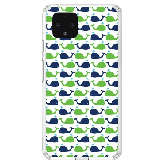 DistinctInk Clear Shockproof Hybrid Case for Google Pixel 4 XL (6.3" Screen) - TPU Bumper, Acrylic Back, Tempered Glass Screen Protector - Green Navy Cartoon Whales - Cartoon Whales