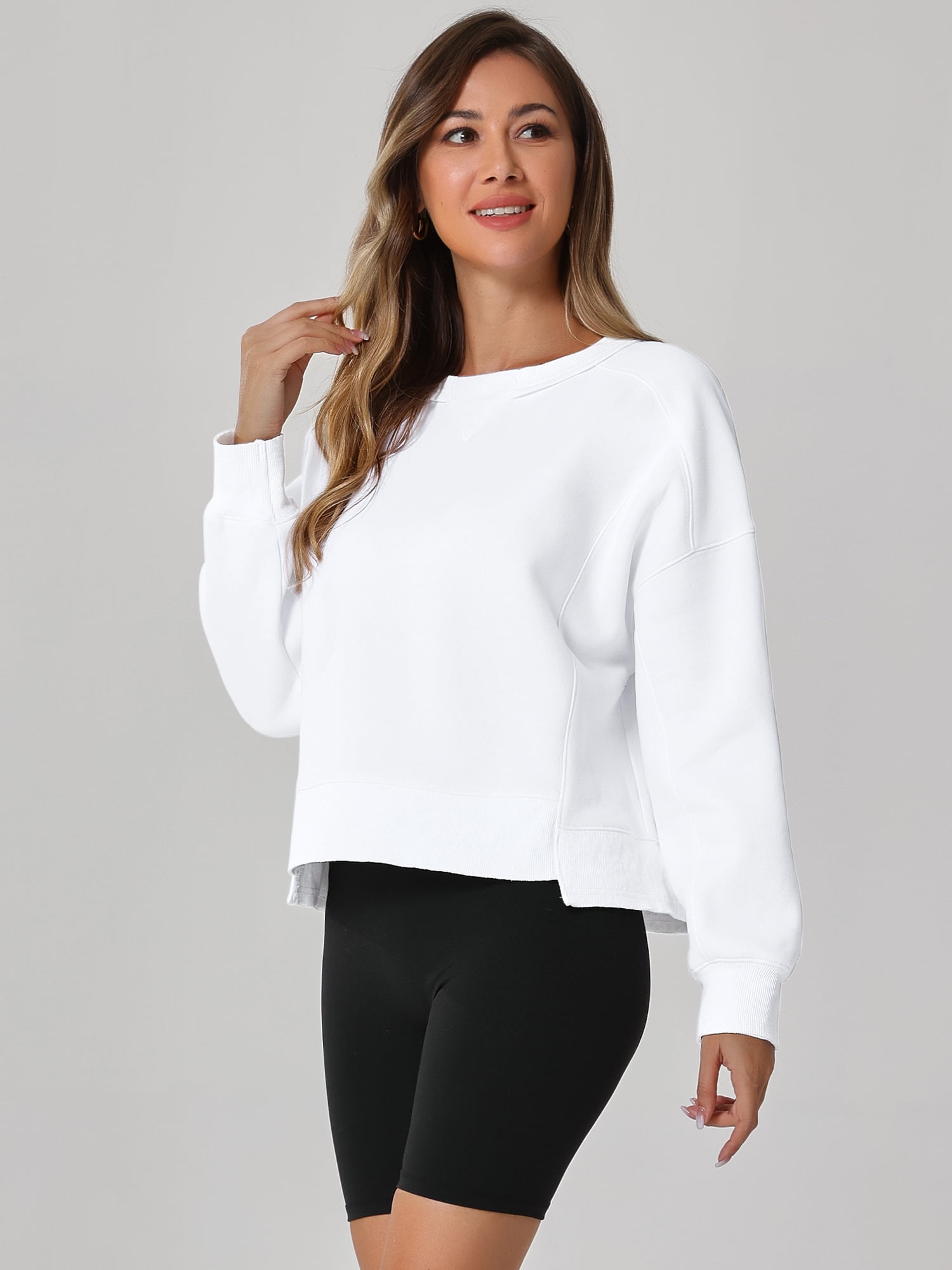 Unique Bargains Women Crew Neck Fleece Pullover Oversized Cropped Sweatshirt S White