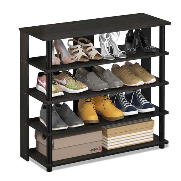 Furinno 5-Tier Turn-N-Tube Wide Shoe Rack, Wood, Brown and Black