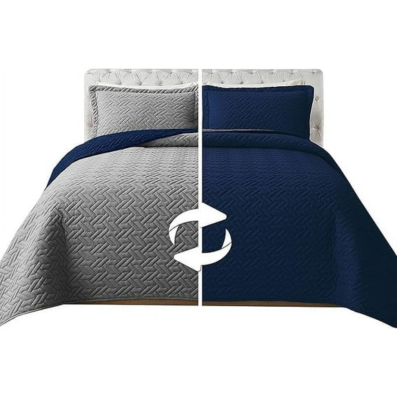 Elegant Comfort 3-Piece Quilted Reversible Bedspread Coverlet Set with Pillow Shams, Exquisite Majestic Stitching All Season Heavy Weight - Ultra Soft Premium Quilt- California King, Navy/Gray