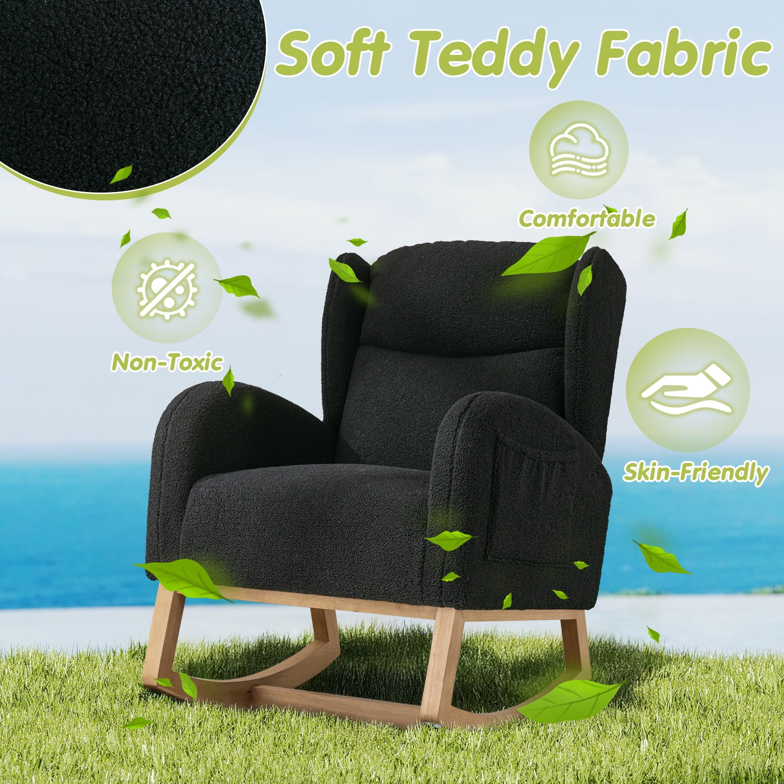 Lunale Indoor Rocking Chair, Upholstered Accent Rocker Chair with Wood Legs, Black Teddy