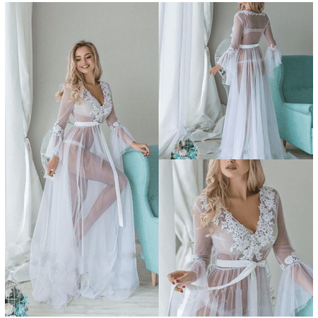 

Puloru Women Deep V-neck Robes Lace Sheer Nightgown Full-Length Long Dress