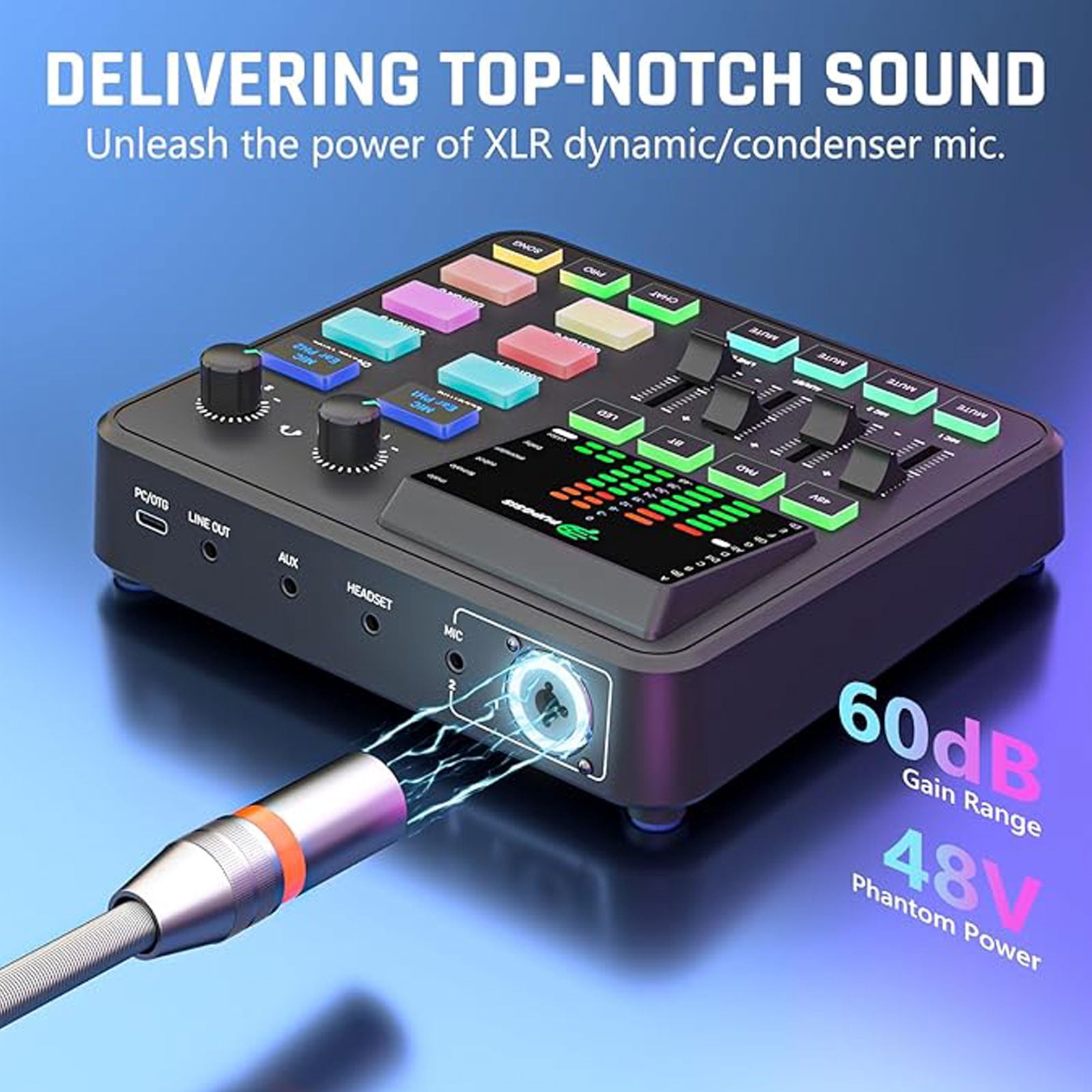 Gaming Audio Mixer, 4 Channel Pc Audio Interface, ABS Sound Card with 1/4 Inch Trs Port, Preamplifier, Noise Reduction, Rgb, Voice Changer, Bluetooth, for Streaming Podcast Gaming