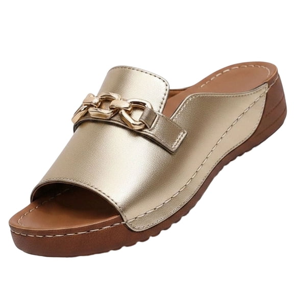 CYMMPU Women's Metal Chain Decor Open Toe Wedge Slide Sandals, Slip On Platform Comfort Shoes, Fashion Summer Outdoor Beach Casual Footwear Gold 41