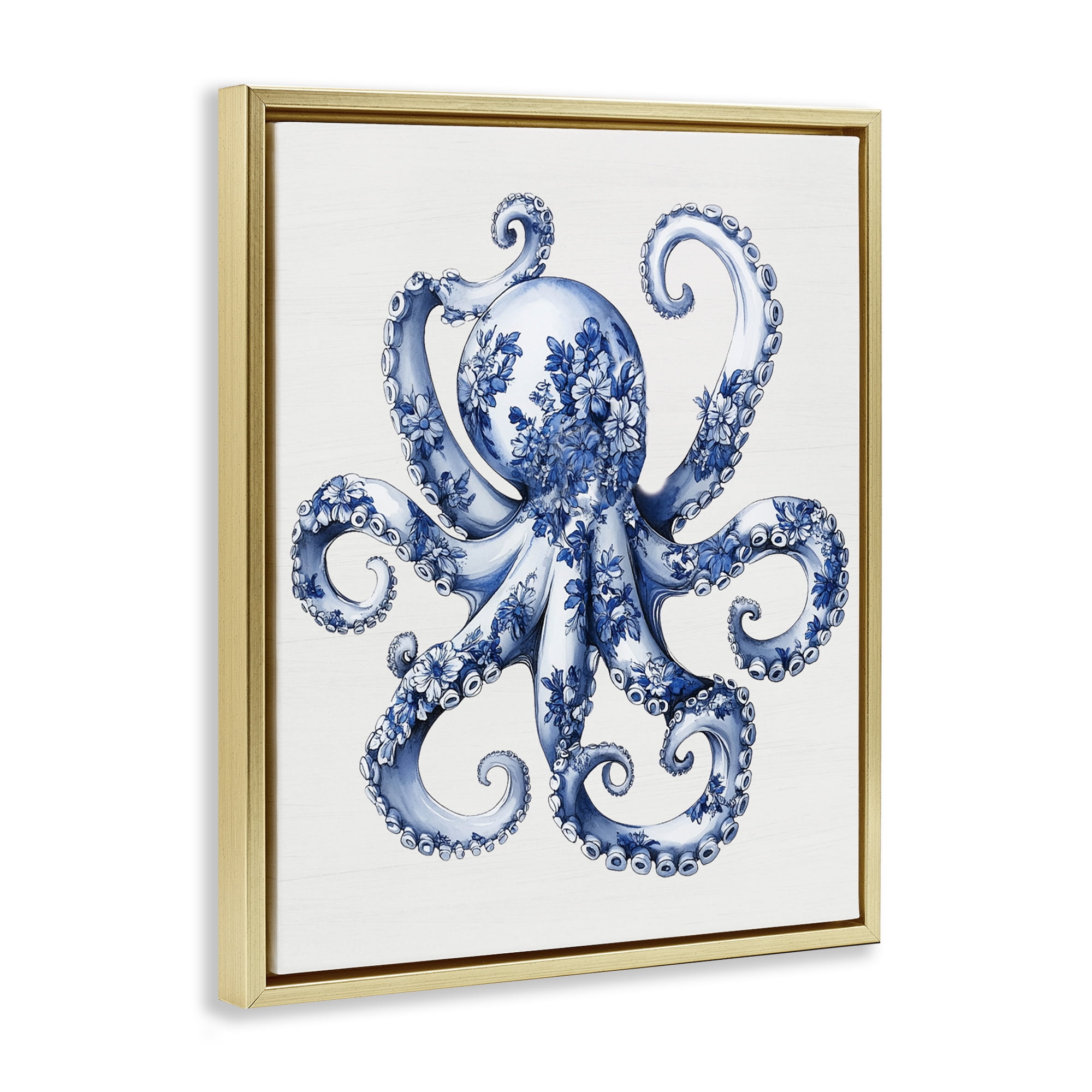 Funky Toile Octopus Gold Framed Floater Canvas Wall Art, design by Lettered and Lined
