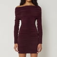 thumbnail image 5 of Women'S Fall Winter Elegant Solid Color Off-Shoulder Hip Dress Long Sleeve Pleated Slim Party Mini Dress Wine Red S, 5 of 6